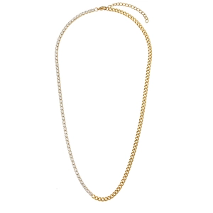 Golden stainless steel Cuban link necklace with sparkling white zircon inlay accents