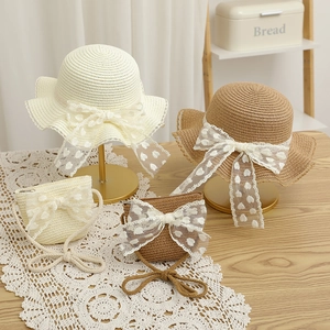 Girls Straw Hat Crossbody Bag Set Heart Pattern Lace Bow Summer Beach Sun Protection Woven Accessories