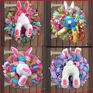 Easter Bunny Butt Wreath Colorful Mesh Ribbon Door Hanging Decor With Plush Ears And Feet Festive Spring Ornament