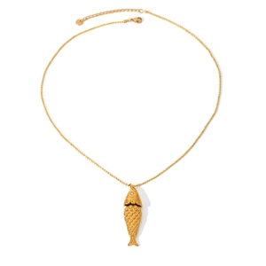 Gold-tone stainless steel fish pendant necklace with crystal eye and scale texture
