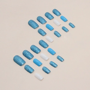 Blue glitter and white medium square press-on nails set with long tapered shape