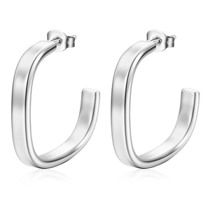 Minimalist silver geometric C-shape hoop earrings with sleek polished metal finish
