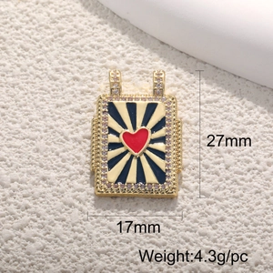 18K gold-plated copper square pendant with red heart and evil eye in radial pattern