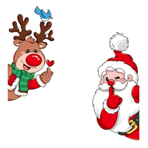 Christmas window decals featuring cartoon Santa Claus and red-nosed reindeer decorations