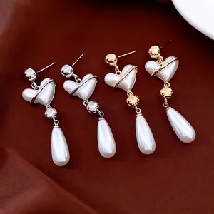 Vintage Heart Water Drop Artificial Pearl Earrings For Women French Retro Style With Silver Earring Post Alloy Jewelry