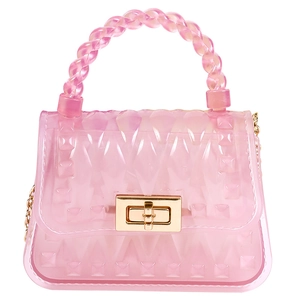 Pink transparent PVC mini jelly handbag with leaf pattern studs and metal lock