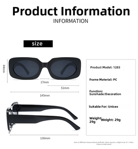 Detailed size chart for retro square sunglasses showing frame width and lens height dimensions