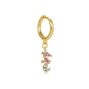 Detail of 18K gold huggie hoop earring with pink and white zircon sea animal charm