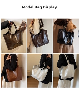 Multiple colors of large capacity faux leather tote bags shown on models for daily commute