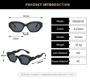 Detailed dimension guide for square frame Y2K sunglasses with wavy temples and HD lenses