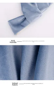 Vue détaillée du sac en velours bleu avec poignée nouée large et texture douce et lisse