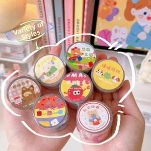 Close-up of 7 rolls of creative transparent bear washi tape with various cartoon patterns