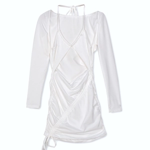 Detail of white long-sleeve dress featuring drawstring ruched side and layered neck design