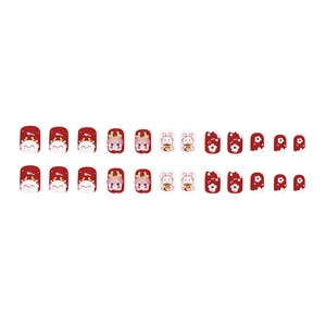 24pcs wine red short press-on nails with cute cartoon reindeer and white flower designs
