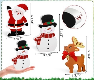 Detailed size chart showing dimensions of wooden Santa, Snowman, and Reindeer decorations