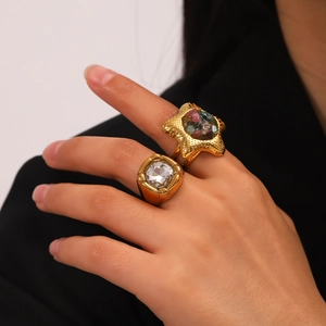 Gold stainless steel starfish ring with colorful stones and clear crystal for women