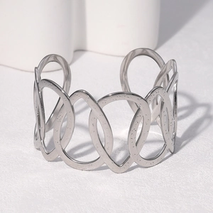 Classic silver stainless steel cuff bracelet with vintage hollow irregular oval design