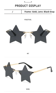 Three views of star-shaped rimless sunglasses with gold metal frame and dark grey lenses