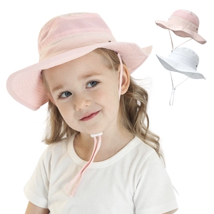 Kids breathable mesh sun hat with wide brim and adjustable chin strap in pink and white