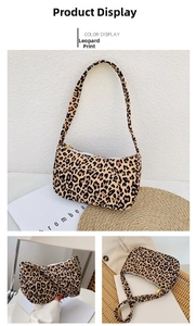 Detail shots of leopard print shoulder bag with zipper closure and canvas texture