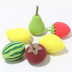 Set of 6 fruit-shaped makeup sponges including strawberry and mango for makeup application