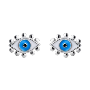 Minimalist silver evil eye stud earrings with blue enamel and eyelash detail on white back