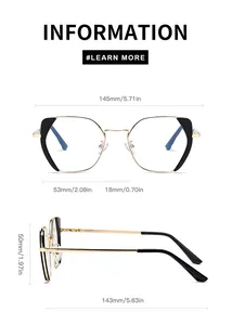 Detailed sizing chart showing bridge width and lens height for square anti-blue light glasses