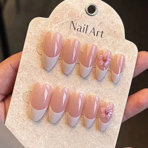 French Tip Press On Nails Long Almond Shaped Pink With 3D Embossed Flowers And Gold Beads For Women Elegant Manicure