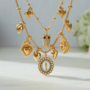 18k gold plated stainless steel owl pendant and heart charm layered necklace set