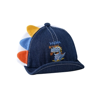 Infant denim dinosaur mesh cap with cartoon embroidery and 3D colorful fins