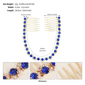 Spécifications de taille pour le peigne à cheveux en strass bleu et chaîne dorée