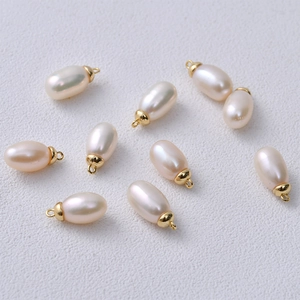 6mm natural rice-shaped freshwater pearl pendants with gold rings for DIY jewelry making