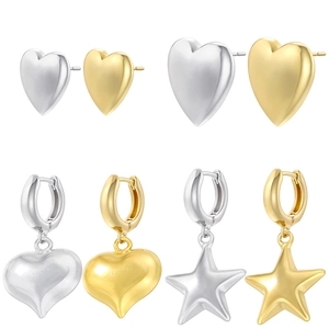 Brass Earrings Heart Star Shape Geometric Minimalist Gold Silver Plated Matte Polished Dangle Stud Jewelry For Women