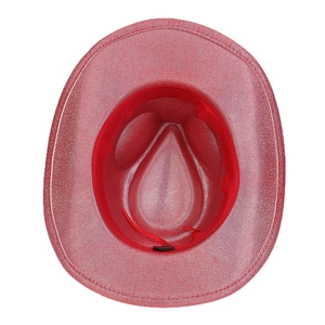 Vue de dessus du chapeau de cowboy rouge pailleté avec doublure et cordon ajustable