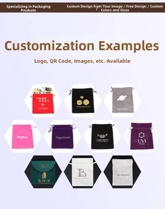 Vista macro de varias bolsas de terciopelo para joyas con cordón y logotipo personalizado