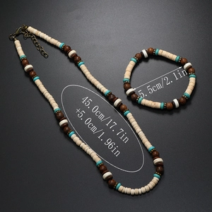 Ensemble collier et bracelet bohème en bois et noix de coco avec perles turquoise
