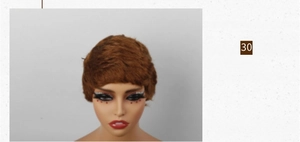 Detail view of a short curly brown human hair pixie cut wig on a model head