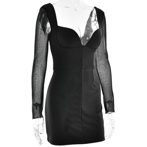 Detailed view of black bodycon dress with V-neck and sheer mesh long sleeves on a mannequin