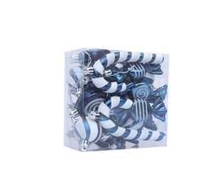 Blue and white Christmas ornament set with candy canes and glitter balls in a clear box