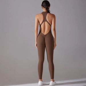 Rear view of brown open-back jumpsuit featuring ruched bum lifting effect and high-stretch fabric