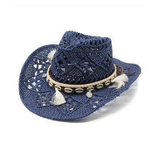 Hollow out straw cowboy hat in navy blue with shell and tassel bohemian band