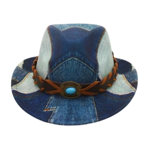 Retro denim patchwork cowboy hat with brown braided band and turquoise stone accent