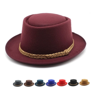 Vintage Felt Pork Pie Fedora Hat For Women Men Woven Band Flat Top Wide Brim Winter Outdoor Travel Gentleman Sun Hat