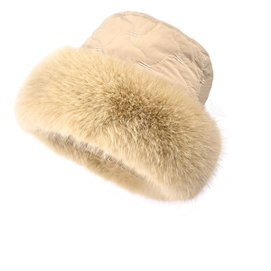 Winter quilted bucket hat in beige with faux fox fur brim for cold weather warmth