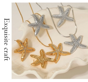 Exquisite 316 stainless steel starfish necklace and stud earrings set with crystal inlay