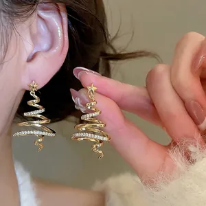 Christmas Tree Spiral Stud Earrings Gold Plated Copper Zircon With Silver Earring Post Star Elegant Festive Jewelry