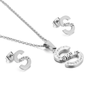 Silver rhinestone S-letter necklace and earrings set with Smile engraving for women