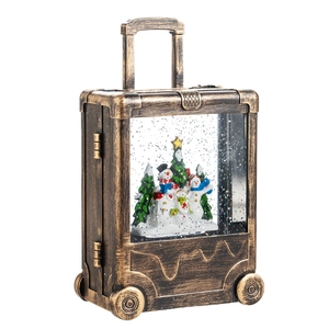 Vintage suitcase Christmas snow globe lantern with snowman family and sparkling glitter