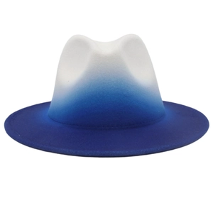 French style fedora hat featuring white and royal blue gradient wool felt with wide brim