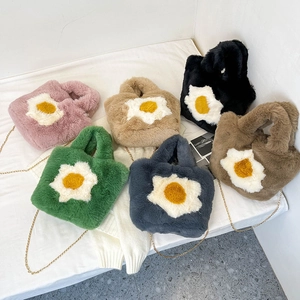 Plush Handbag Crossbody Bag Faux Fur Tote With Poached Egg Pattern Cartoon Cute For Autumn Winter Daily Fashion